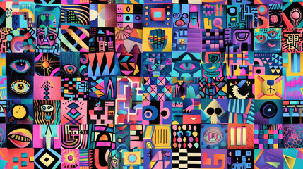 Colorful Abstract Geometric Pop Art Collage with Vibrant Patterns, Shapes, and Retro Modern Design in Bright Neon Mosaic Style