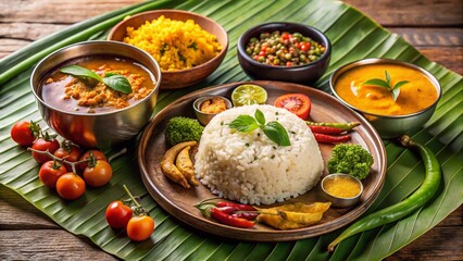 Sambar Rice from South India, plated beautifully with authentic sides, traditional garnish, cultural background props.