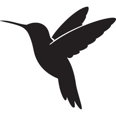 Silhouette of a hummingbird in mid flight with wings spread against a plain light gray background image on transparent background