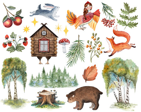 Watercolor Russian fairytale clipart set Sirin bird, Baba Yaga hut, fox, rabbit, bear, stars, mushroom, oak, pine, branch, forest, birch tree, stump, leaf, apple, strawberry hand painted illustration