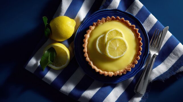 Lemon tart on a blue plate with a fork and knife on a white and blue striped napkin. the tart has a golden brown crust and is topped with sliced lemons.