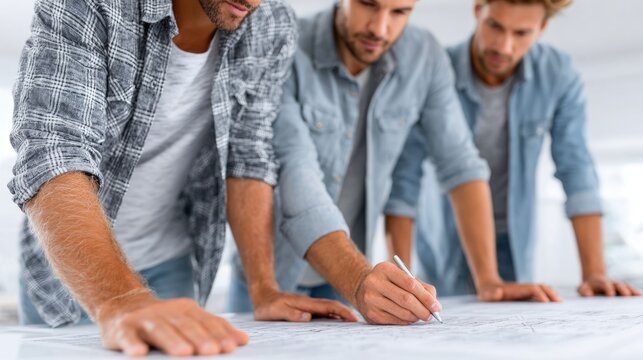 Group of coworkers analyzing blueprint