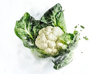 Fresh Cauliflower with Green Leaves and water droplets on a White Background View