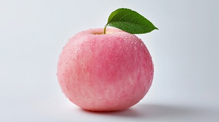 Fresh Pink Apple with Green Leaf and Water Droplets on Light Grey Background
