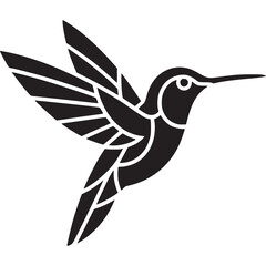 A stylized black hummingbird with geometric wings flying against a light gray background image on transparent background