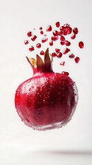 Fresh Red Pomegranate with Floating Arils against White Backdrop, Closeup Detail
