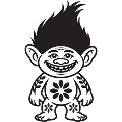 A cartoon troll with black hair and flower designs smiling in a black and white illustration on transparent background
