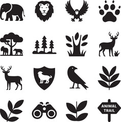 Obraz premium Wildlife Icons Elephant, Lion, Eagle, Deer, and More – Black and White Silhouette Collection