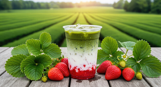 iced strawberry matcha latte with fresh strawberries at a matcha tea plantation