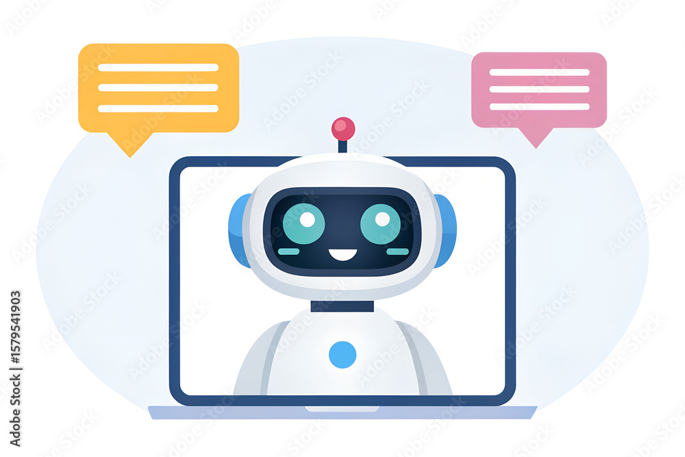 Poster cartoon robot character displaying a friendly expression with speech bubbles and situated on a lapto