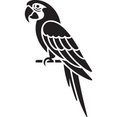 Fototapeta premium A black silhouette of a parrot perched on a branch against a white background in a simple illustration on transparent background