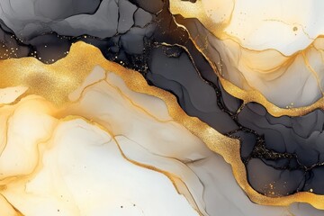 Opulent abstract backdrop featuring fluid art Blended black and gold alcohol ink splotch