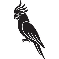 Silhouette illustration of a cockatoo with a distinctive crest perched against a white background on transparent background