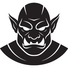 A stylized black and white illustration of an orc with pointed ears and prominent teeth on a light background on transparent background