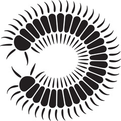 A black and white circular design featuring repeating shapes and a central void in a symmetrical pattern on transparent background