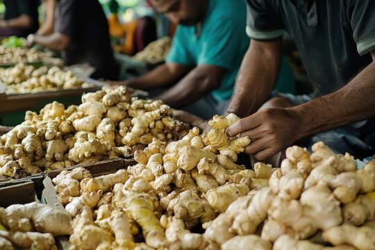 Organizing ginger in a market in Fort Kochi Kerala India