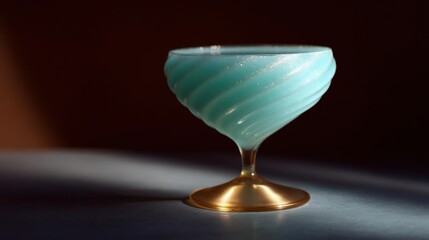 Close-up of a cocktail glass. the glass is made of glass and has a gold-colored base. the rim of the glass is a light blue color with a wavy pattern.