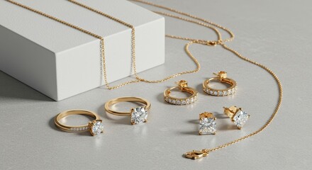 Elegant gold diamond jewelry set on a white display box