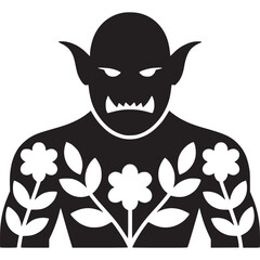 A black silhouette of a monster with flowers and leaves on its body against a white background on transparent background