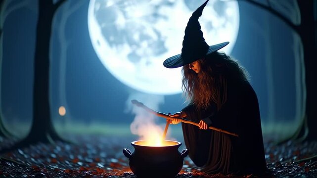 Witch brewing potion under moonlight in a spooky forest.
