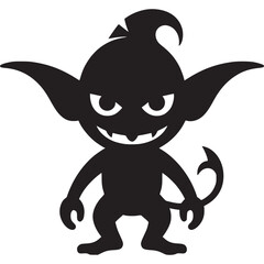 A black silhouette of a cartoonish devil with horns and a tail on a white background illustration on transparent background