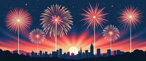 Festive Urban Landscape: Spectacular Fireworks Light Up City Skyline Against a Glowing Horizon. City Fireworks Display: Skyline Celebration Under Night Sky