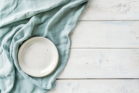 Overhead view of a rustic white wooden surface with light blue green linen and a small whi