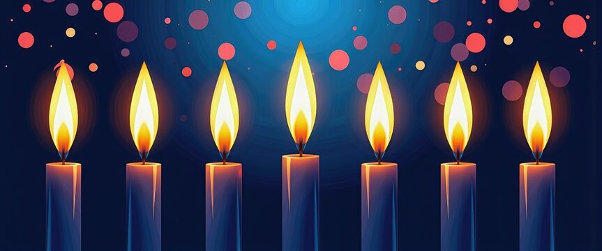 Bright candles illuminate a deep blue scene, with soft bokeh creating a festive and peaceful holiday ambiance.. Glowing Candles on Blue: Festive Light & mth