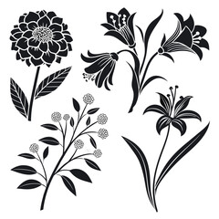 A collection of eight distinct floral graphic designs, black silhouette on a white background, 