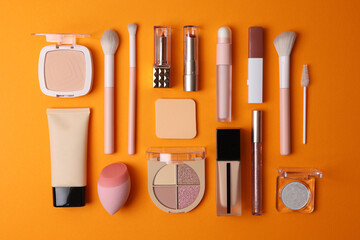 cosmetic makeup products ideal for beauty lovers. Top view on bright background
