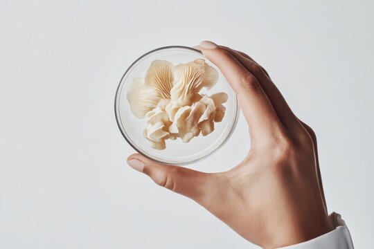 Scientist s hand with fungus in a petri dish on white backdrop