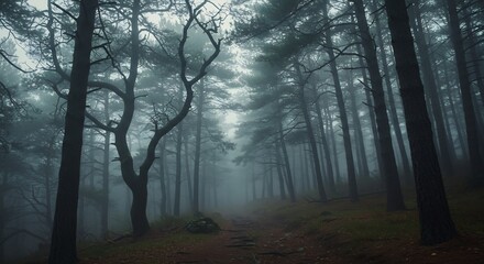 Fototapeta premium Eerie Fog-Shrouded Forest Path: Atmospheric Landscape with Tall Trees