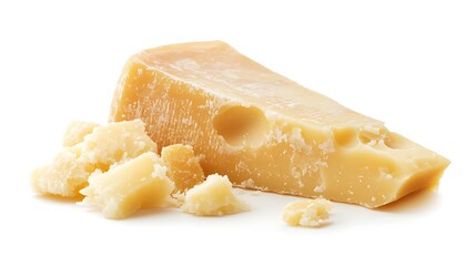 Parmesan Cheese Wedge & Crumbles Hard Cheese Pieces on White Background