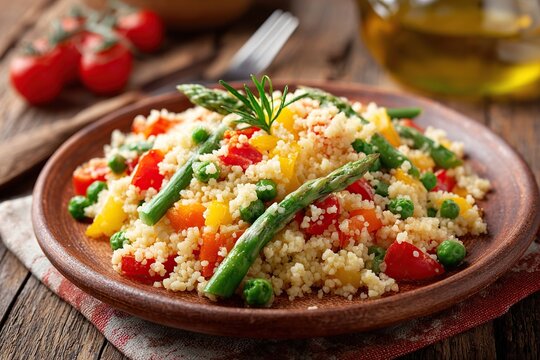 Fresh plant-based meal featuring couscous with vegetables served on a rustic wooden table