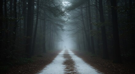 Obraz premium Ethereal Forest Path: Misty Road with Distant Figures, Moody Landscape