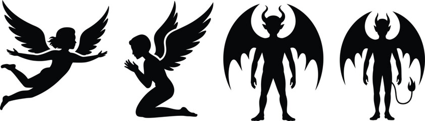 Obraz premium Angels and devils silhouette collection with wings and horns
