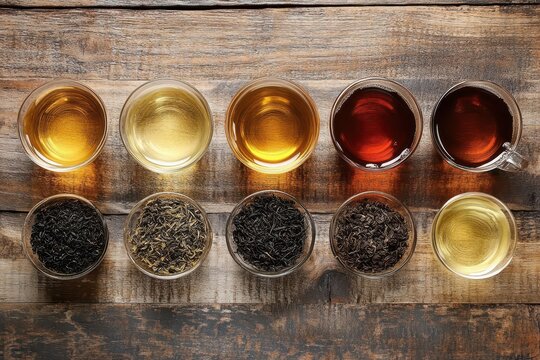 Serve tea from teapot Cups and dry tea leaves on a textured wooden surface aerial view