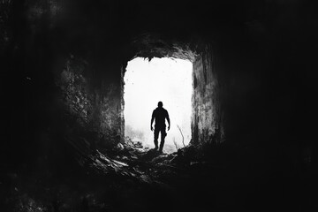 Obraz premium Shadowy silhouette of a solitary survivor exiting a desolate cave tunnel with an apocalypt