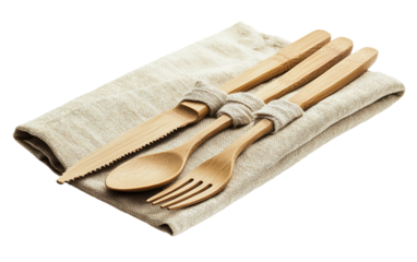 Sustainable bamboo utensil kit packaged in a reusable cloth carrying pouch isolated on transparent background PNG