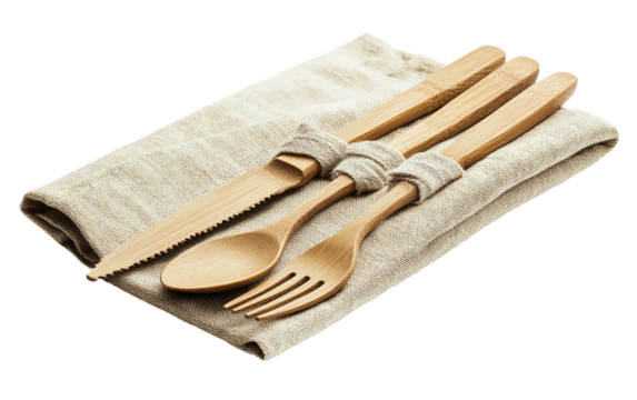 Sustainable bamboo utensil kit packaged in a reusable cloth carrying pouch isolated on transparent background PNG