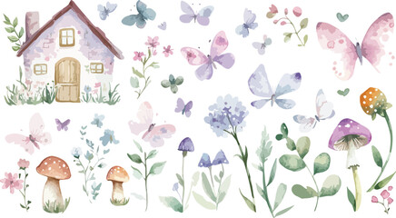 Watercolor Fairy House Butterflies Flowers and Mushrooms Border on White Background