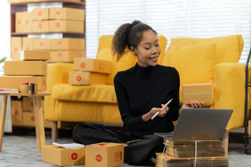 Online Business Owner: A young entrepreneur, focused and poised, meticulously oversees her thriving...