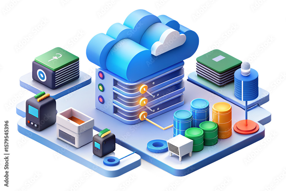 Fototapete Isometric cloud computing setup with server stack data storage and peripheral devices on platform on transparent background