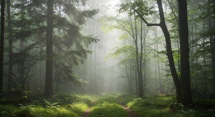 Fototapeta premium Ethereal Forest Path: Sunlight Piercing Through Misty Woodland Scene