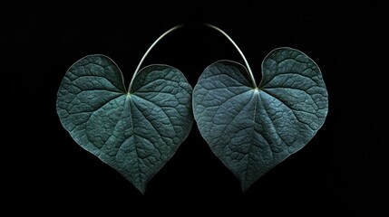 Two heart-shaped leaves, dark teal, connected at their stems, dramatically backlit against a pure black background, showcasing intricate leaf venation