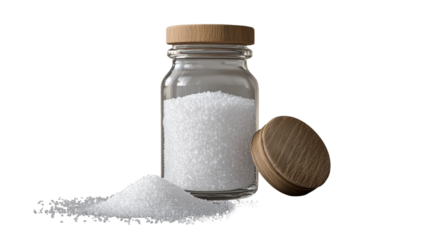 Crystal white sugar spilling from a glass jar evokes memories of sweet treats and baking on transparent background