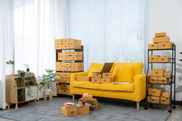 E-commerce Startup's Delivery Zone: The image showcases the energetic heart of an e-commerce start-up, filled with packed shipping boxes, signaling efficient fulfillment in an organized setting.