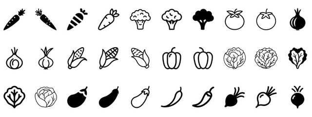 Fototapeta premium Vegetables Icons Collection Set | Minimal Black Food & Gardening Icons