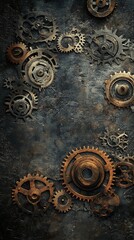 Steampunk Gears and Cogs Assortment on Dark Textured Backdrop, Rusty Metalwork Elements