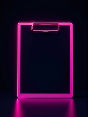 A clipboard illuminated by vibrant pink neon light stands out against a dark backdrop.